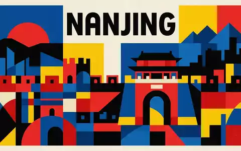 Bauhaus-Poster als geometrische Abstraktion von Stadtmauer von Nanjing in Nanjing China, kraeftige Grundfarben und harte - Foto: THN