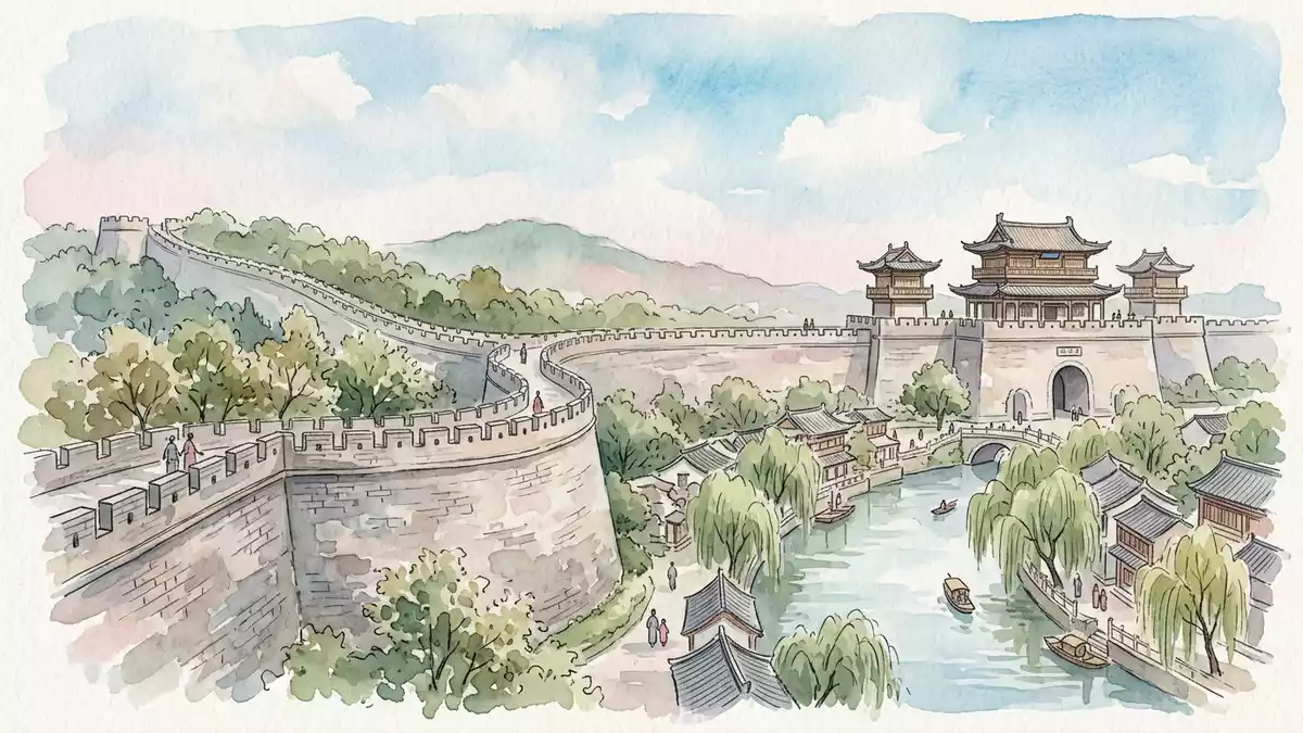 Aquarell-Illustration von Stadtmauer von Nanjing in Nanjing, China als Reiseposter