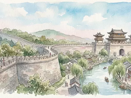 Aquarellillustration des Wahrzeichens Stadtmauer von Nanjing in Nanjing China, weiche Farbverläufe und pastelliges Reiseposter-Feeling - Foto: THN