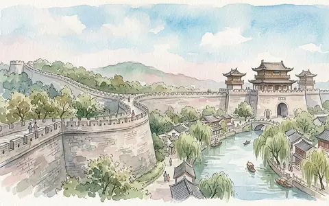 Aquarellillustration des Wahrzeichens Stadtmauer von Nanjing in Nanjing China, weiche Farbverläufe und pastelliges Reiseposter-Feeling - Foto: THN