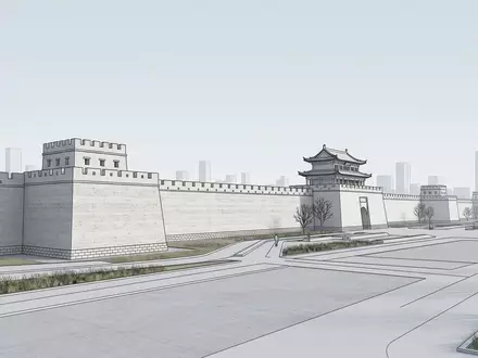 Moderner Architektur-Render zeigt Silhouette von Stadtmauer von Nanjing in Nanjing China, klare Linien und neutrales - Foto: THN