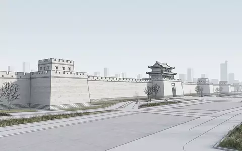 Moderner Architektur-Render zeigt Silhouette von Stadtmauer von Nanjing in Nanjing China, klare Linien und neutrales - Foto: THN