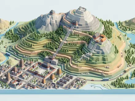 Isometrisches Diorama von Tai-Berg und Umgebung in Tai'an China, verspielte Low-Poly-Kulisse in Pastellfarben - Foto: THN
