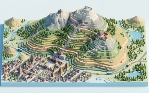 Isometrisches Diorama von Tai-Berg und Umgebung in Tai'an China, verspielte Low-Poly-Kulisse in Pastellfarben - Foto: THN