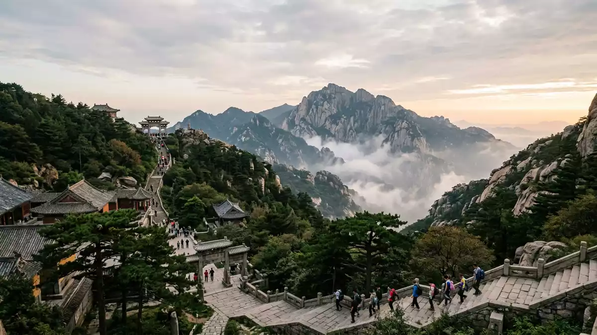 Editorial-Reisemagazinbild vom Wahrzeichen Tai-Berg in Tai'an, China