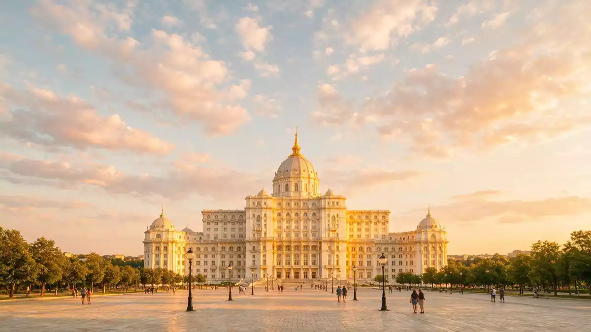 Fotorealistische Ansicht von Parlamentspalast Bukarest in Bukarest, Rumänien im Abendlicht