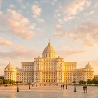 Fotorealistische Panoramaaufnahme von Parlamentspalast Bukarest in Bukarest Rumänien, warmes Abendlicht auf Wahrzeichen - Foto: THN