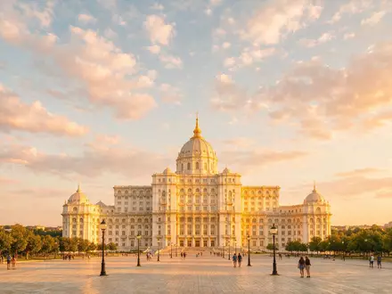 Fotorealistische Panoramaaufnahme von Parlamentspalast Bukarest in Bukarest Rumänien, warmes Abendlicht auf Wahrzeichen - Foto: THN