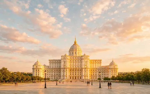 Fotorealistische Panoramaaufnahme von Parlamentspalast Bukarest in Bukarest Rumänien, warmes Abendlicht auf Wahrzeichen - Foto: THN