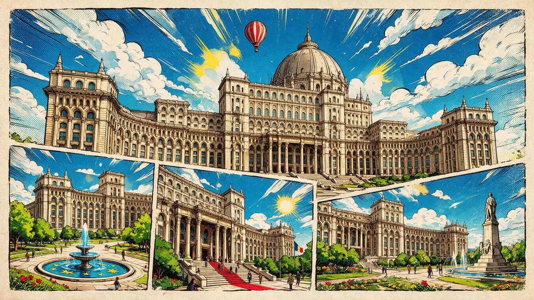 Pop-Art-Comic von Parlamentspalast Bukarest in Bukarest, Rumänien mit Rasterpunkten