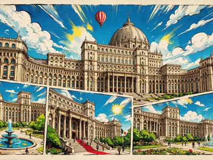 Pop-Art-Comicillustration des Wahrzeichens Parlamentspalast Bukarest in Bukarest Rumänien, kraeftige Konturen Rasterpunkte und satte Farben - Foto: THN