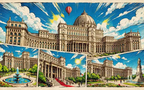 Pop-Art-Comicillustration des Wahrzeichens Parlamentspalast Bukarest in Bukarest Rumänien, kraeftige Konturen Rasterpunkte und satte Farben - Foto: THN
