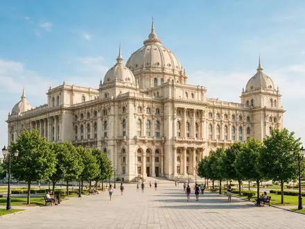 Editorialbild im Reisemagazin-Stil vom Wahrzeichen Parlamentspalast Bukarest in Bukarest Rumänien, ausgewogene Bildgestaltung und natuerliches Umgebungslicht - Foto: THN
