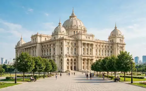 Editorialbild im Reisemagazin-Stil vom Wahrzeichen Parlamentspalast Bukarest in Bukarest Rumänien, ausgewogene Bildgestaltung und natuerliches Umgebungslicht - Foto: THN