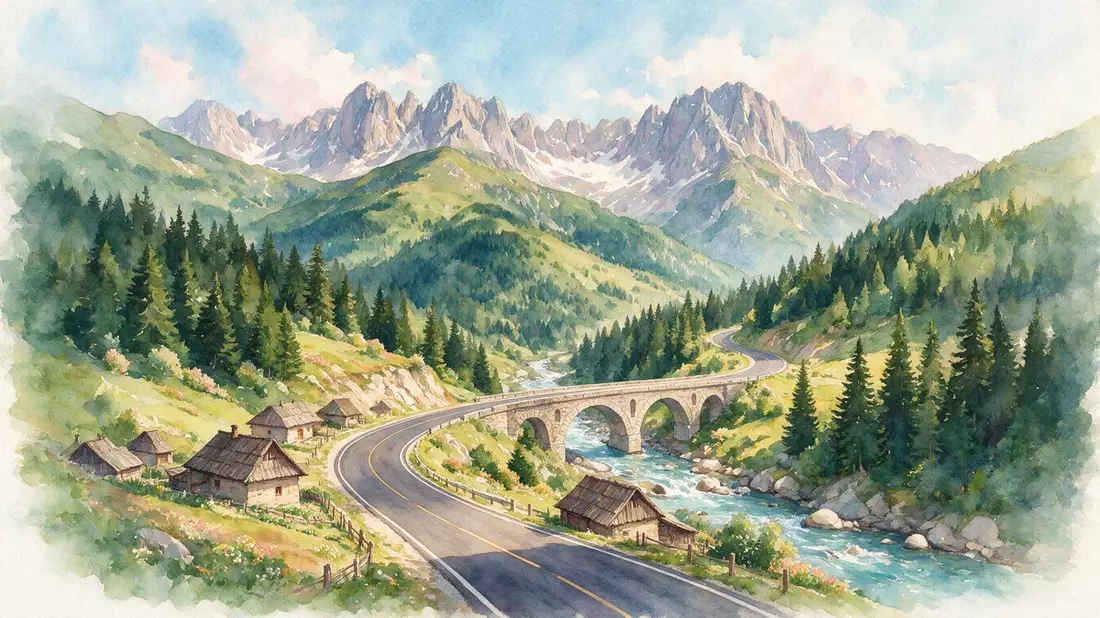 Aquarell-Illustration von Transfagarasan in Curtea de Arges, Rumänien als Reiseposter