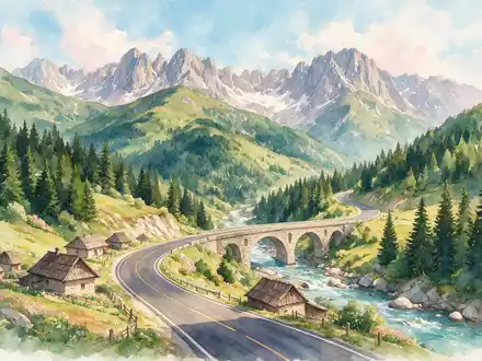 Aquarellillustration des Wahrzeichens Transfagarasan in Curtea de Arges RumÀnien, weiche FarbverlÀufe und pastelliges Reiseposter-Feeling - Foto: THN
