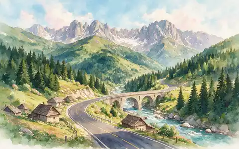 Aquarellillustration des Wahrzeichens Transfagarasan in Curtea de Arges Rumänien, weiche Farbverläufe und pastelliges Reiseposter-Feeling - Foto: THN