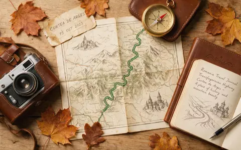 Flatlay-Reise-Arrangement rund um Transfagarasan in Curtea de Arges Rumänien, Karte Kompass Kamera und generische Reiserequisiten - Foto: THN