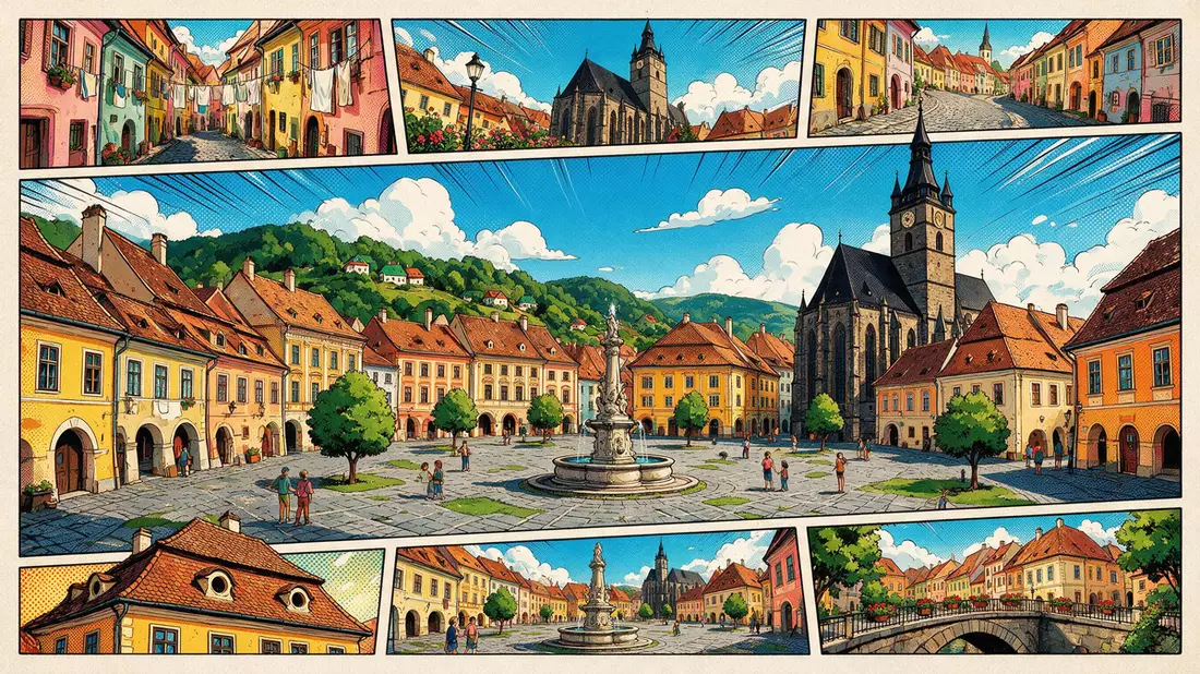 Pop-Art-Comic von Altstadt Sibiu in Sibiu, Rumänien mit Rasterpunkten