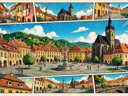 Pop-Art-Comicillustration des Wahrzeichens Altstadt Sibiu in Sibiu Rumänien, kraeftige Konturen Rasterpunkte und satte Farben - Foto: THN