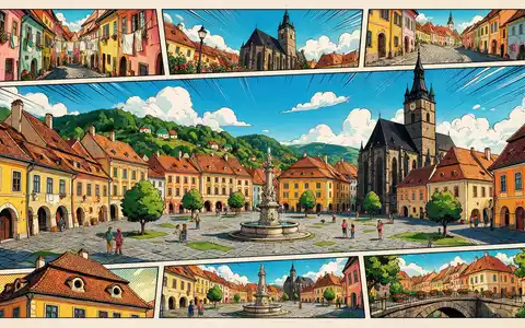 Pop-Art-Comicillustration des Wahrzeichens Altstadt Sibiu in Sibiu Rumänien, kraeftige Konturen Rasterpunkte und satte Farben - Foto: THN