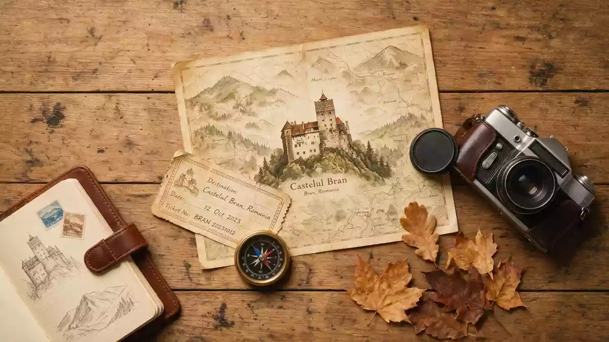 Flatlay-Reise-Arrangement rund um Bran-Schloss in Bran, Rumänien