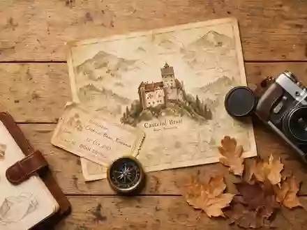 Flatlay-Reise-Arrangement rund um Bran-Schloss in Bran Rumänien, Karte Kompass Kamera und generische Reiserequisiten - Foto: THN