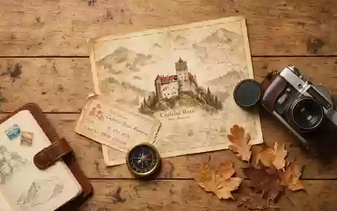 Flatlay-Reise-Arrangement rund um Bran-Schloss in Bran Rumänien, Karte Kompass Kamera und generische Reiserequisiten - Foto: THN