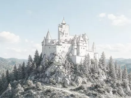 Moderner Architektur-Render zeigt Silhouette von Bran-Schloss in Bran Rumänien, klare Linien und neutrales Tageslicht - Foto: THN