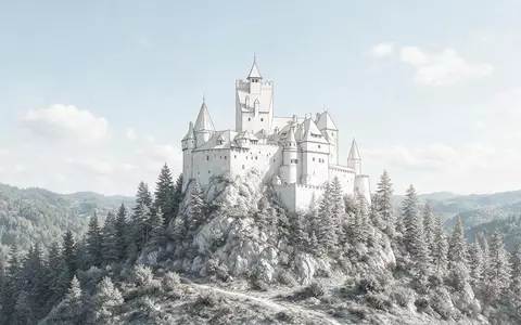 Moderner Architektur-Render zeigt Silhouette von Bran-Schloss in Bran Rumänien, klare Linien und neutrales Tageslicht - Foto: THN