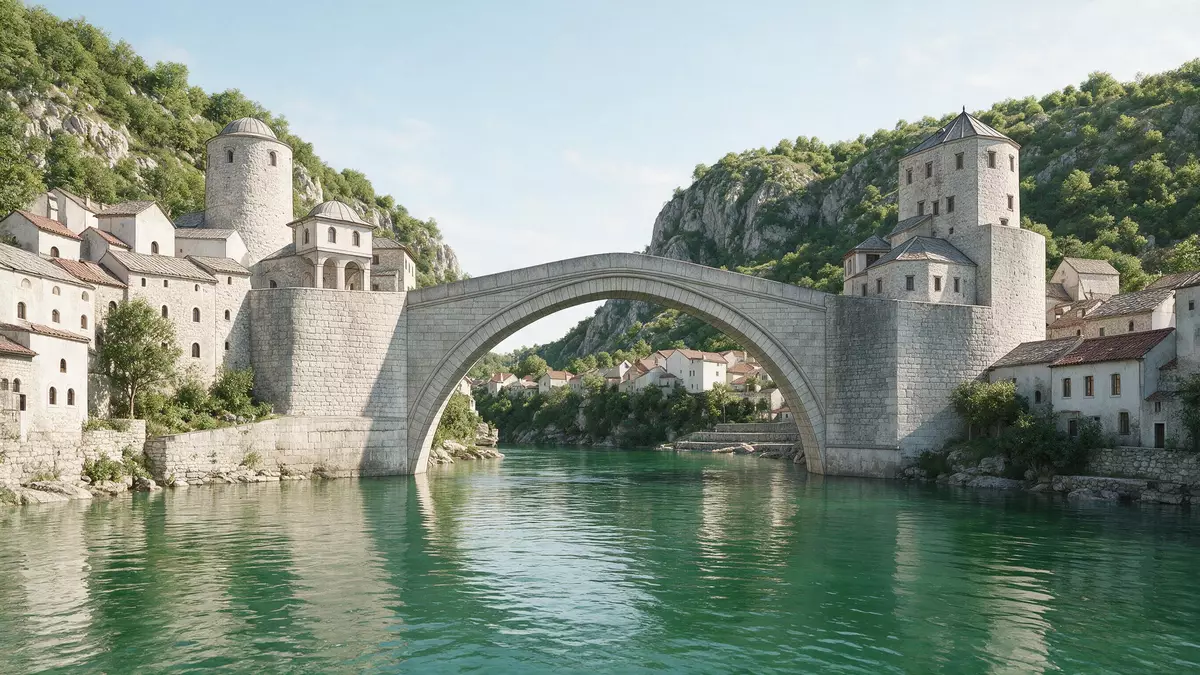 Architektur-Render von Alte Brücke Mostar in Mostar, Bosnien und Herzegowina bei Tageslicht