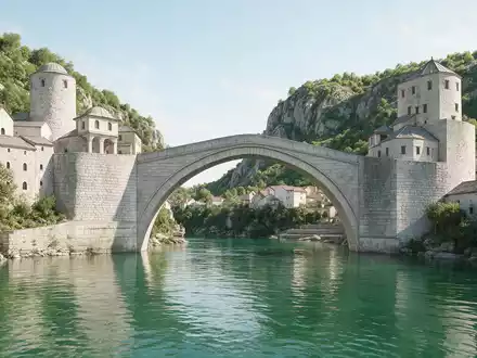Moderner Architektur-Render zeigt Silhouette von Alte Brücke Mostar in Mostar Bosnien und Herzegowina, klare Linien - Foto: THN