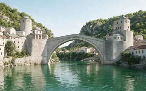 Moderner Architektur-Render zeigt Silhouette von Alte Brücke Mostar in Mostar Bosnien und Herzegowina, klare Linien - Foto: THN