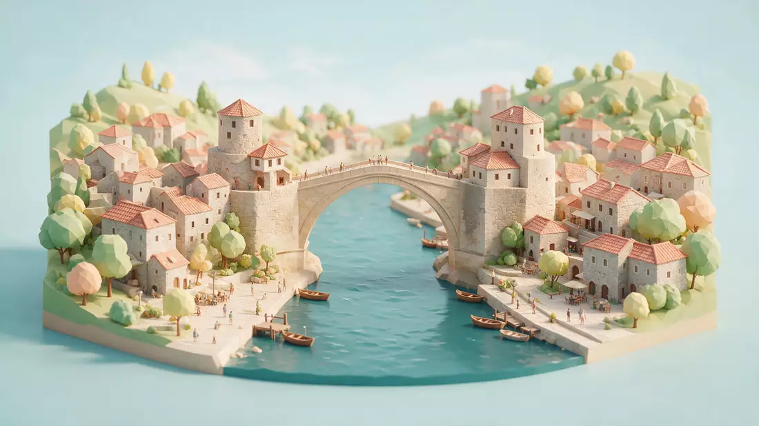Isometrisches Diorama von Alte Brücke Mostar in Mostar, Bosnien und Herzegowina in Pastell