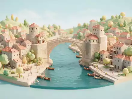 Isometrisches Diorama von Alte Brücke Mostar und Umgebung in Mostar Bosnien und Herzegowina, verspielte Low-Poly-Kulisse - Foto: THN