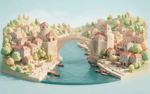 Isometrisches Diorama von Alte Brücke Mostar und Umgebung in Mostar Bosnien und Herzegowina, verspielte Low-Poly-Kulisse - Foto: THN