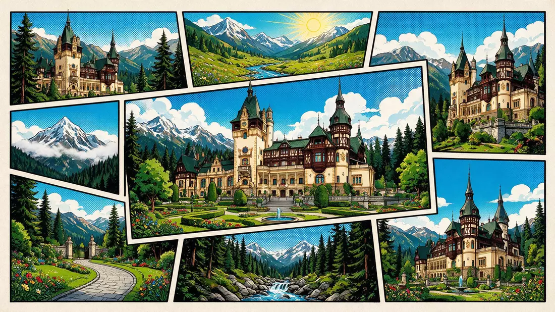 Pop-Art-Comic von Schloss Peles in Sinaia, Rumänien mit Rasterpunkten