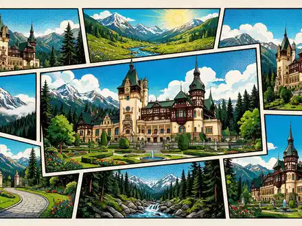 Pop-Art-Comicillustration des Wahrzeichens Schloss Peles in Sinaia Rumänien, kraeftige Konturen Rasterpunkte und satte Farben - Foto: THN
