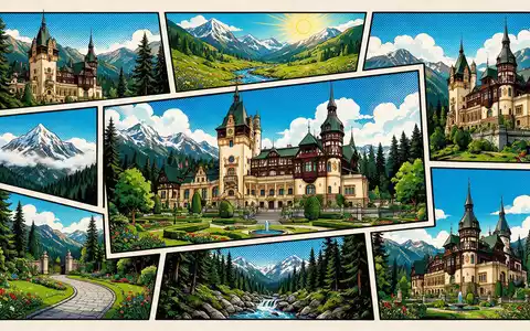 Pop-Art-Comicillustration des Wahrzeichens Schloss Peles in Sinaia Rumänien, kraeftige Konturen Rasterpunkte und satte Farben - Foto: THN
