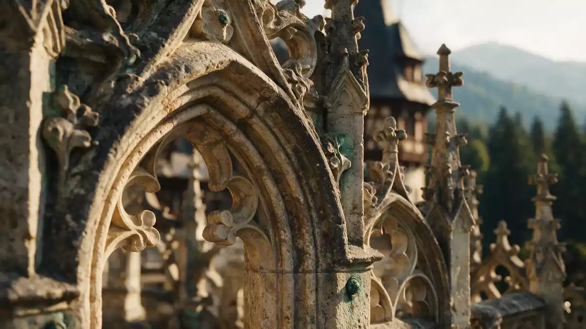 Makroaufnahme eines Materialdetails am Wahrzeichen Schloss Peles, Sinaia Rumänien