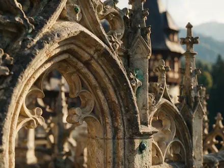 Extreme Makroaufnahme eines Materialdetails am Wahrzeichen Schloss Peles in Sinaia Rumänien, taktile Struktur und weiches - Foto: THN