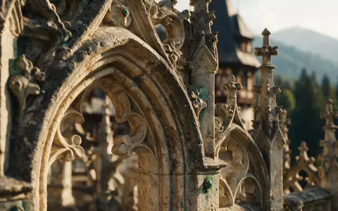 Extreme Makroaufnahme eines Materialdetails am Wahrzeichen Schloss Peles in Sinaia Rumänien, taktile Struktur und weiches - Foto: THN