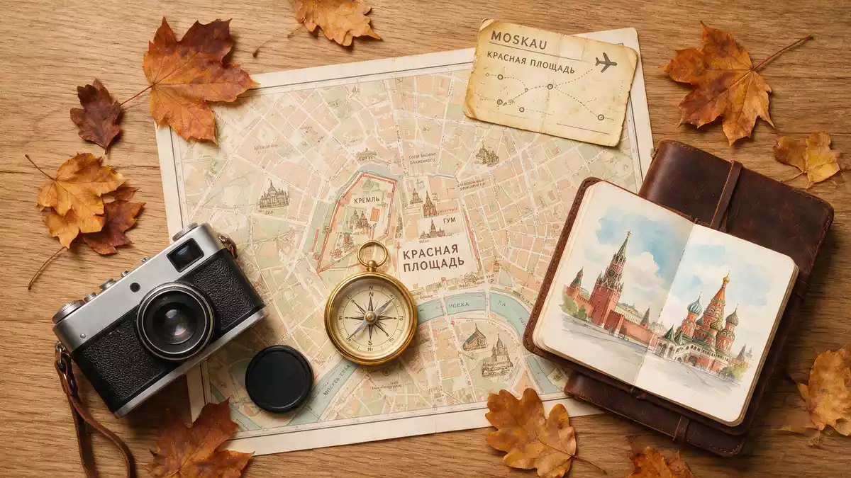 Flatlay-Reise-Arrangement rund um Roter Platz Moskau in Moskau, Russland