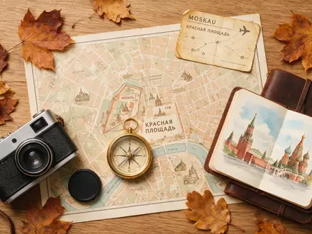 Flatlay-Reise-Arrangement rund um Roter Platz Moskau in Moskau Russland, Karte Kompass Kamera und generische Reiserequisiten - Foto: THN