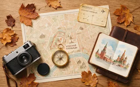 Flatlay-Reise-Arrangement rund um Roter Platz Moskau in Moskau Russland, Karte Kompass Kamera und generische Reiserequisiten - Foto: THN