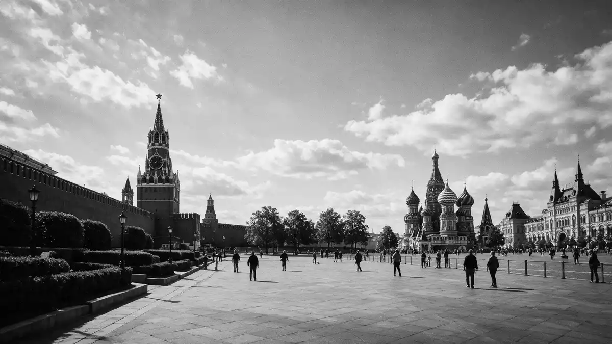 Schwarzweiss-Reportage vom Wahrzeichen Roter Platz Moskau in Moskau, Russland