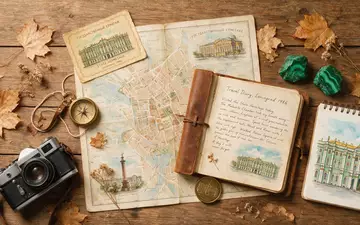 Flatlay-Reise-Arrangement rund um Eremitage Sankt Petersburg in Sankt Petersburg Russland, Karte Kompass Kamera und generische - Foto: THN