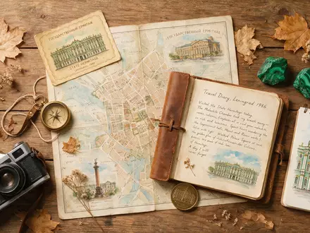 Flatlay-Reise-Arrangement rund um Eremitage Sankt Petersburg in Sankt Petersburg Russland, Karte Kompass Kamera und generische - Foto: THN