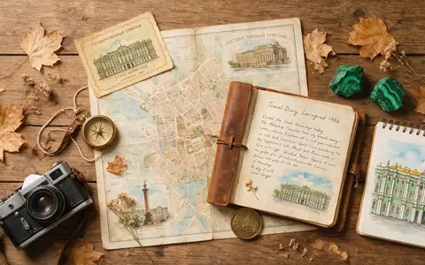 Flatlay-Reise-Arrangement rund um Eremitage Sankt Petersburg in Sankt Petersburg Russland, Karte Kompass Kamera und generische - Foto: THN