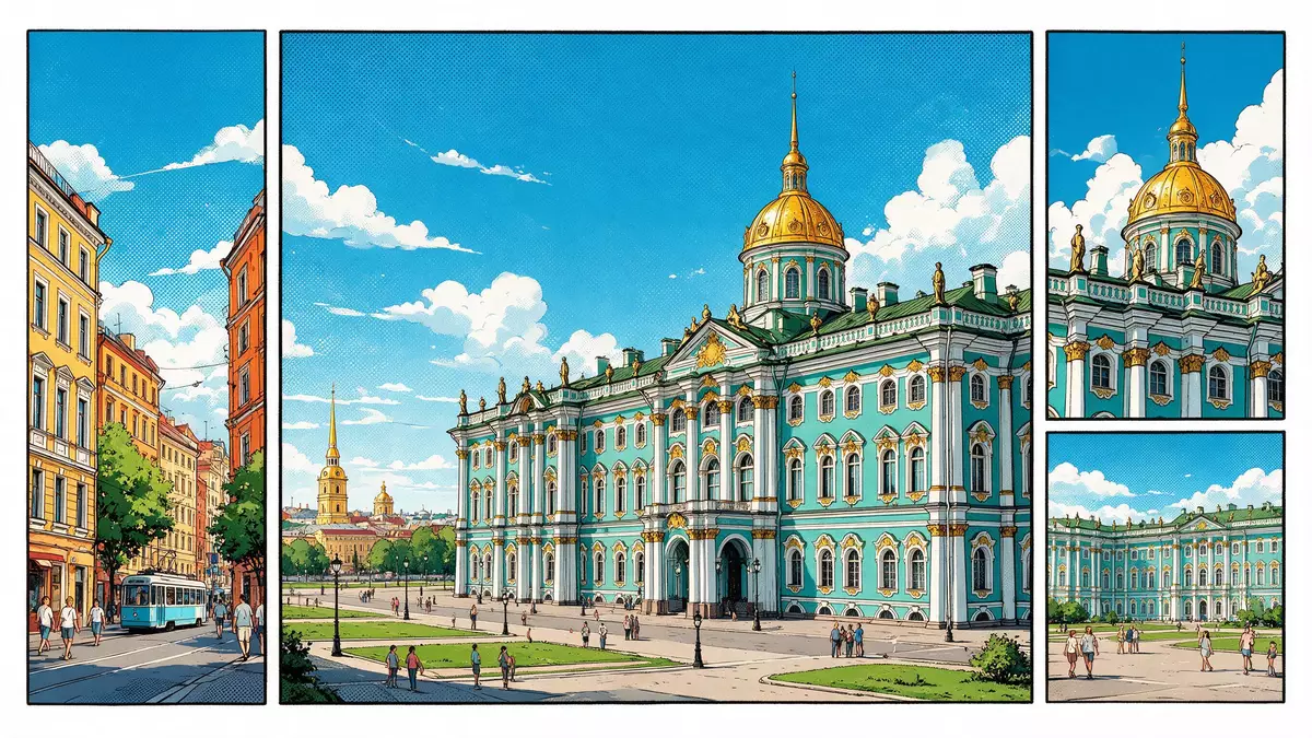 Pop-Art-Comic von Eremitage Sankt Petersburg in Sankt Petersburg, Russland mit Rasterpunkten